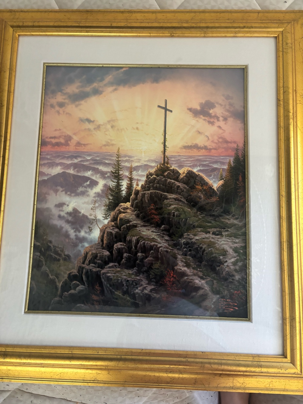 Thomas Kinkade Sunset Cross Landscape in Gold and Pink Hues